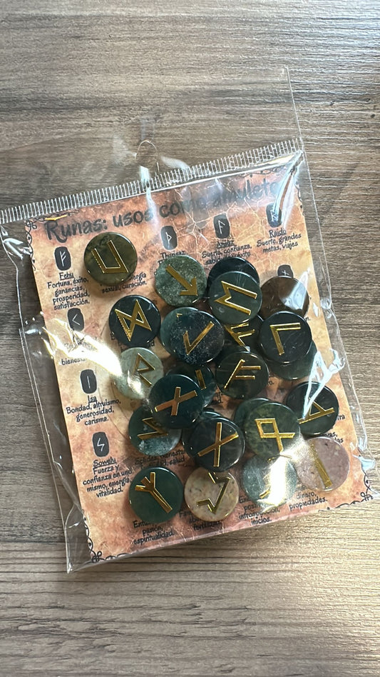 21 RUNAS de cristal natural con tallado dorado y bolsa de terciopelo
